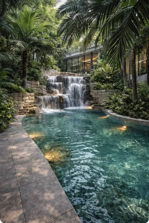 Piscina em meio a jardim tropical com pequena cascata de pedras ao fundo