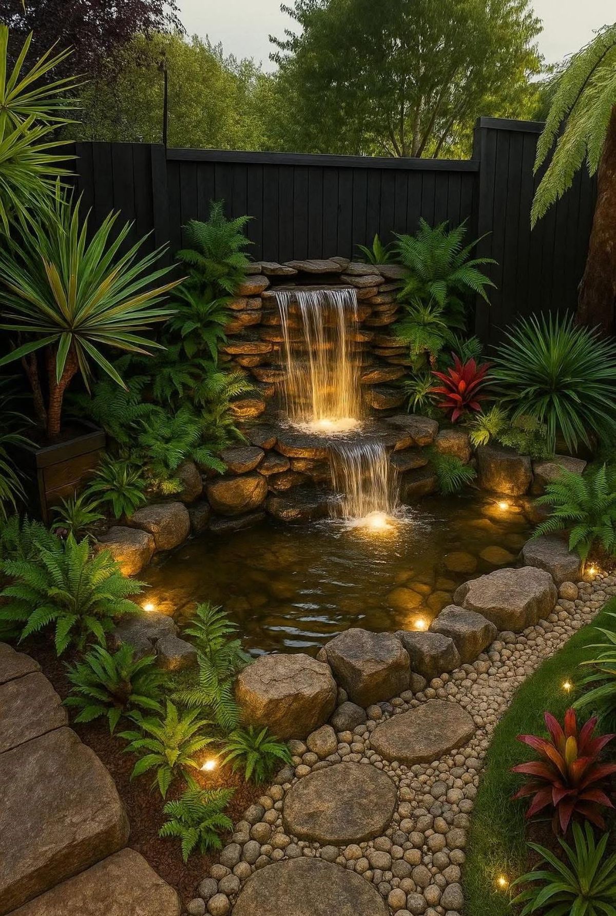 Cascata de pedras empilhadas com duas quedas d’água iluminadas, lago e caminho de seixos em jardim tropical