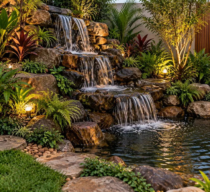 Cascata ornamental em degraus de pedra em jardim tropical iluminado