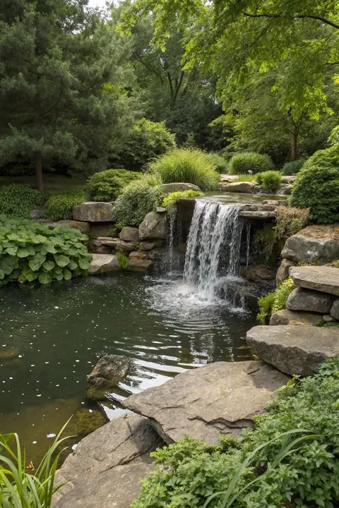 Cascata entre pedras desaguando em lago ornamental cercado de vegetação