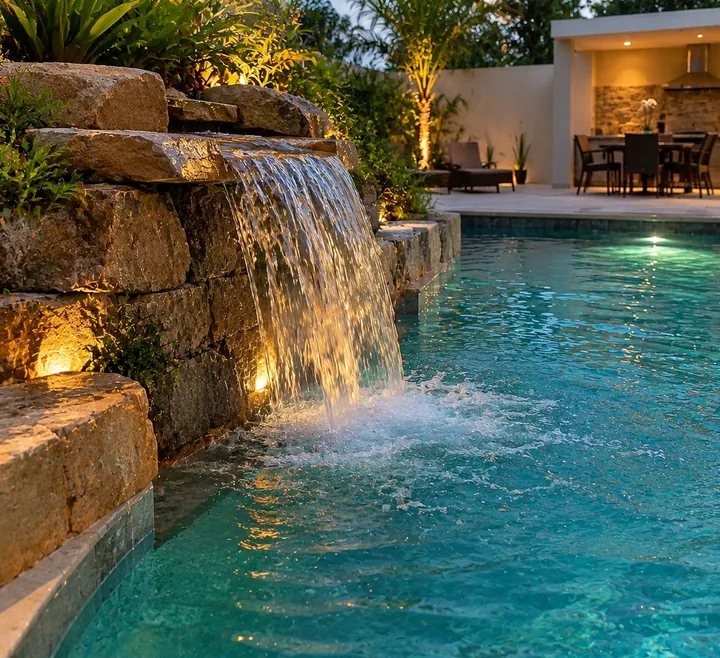 Cascata de pedras iluminada caindo em piscina junto a área gourmet