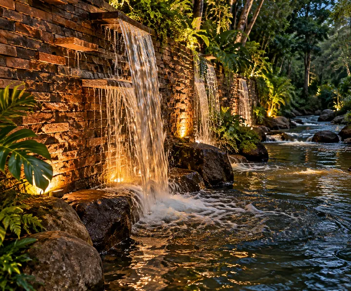Cascata em muro de tijolos aparentes com iluminação quente caindo em lago