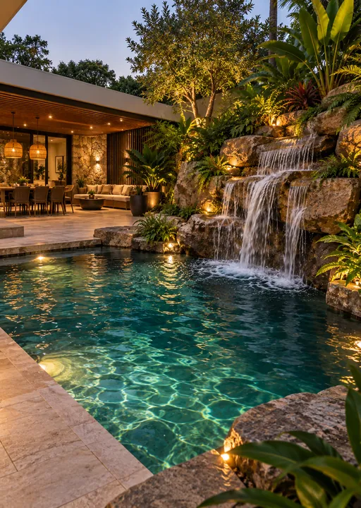 Cascata de rochas em vários níveis desaguando em piscina iluminada, junto a área gourmet